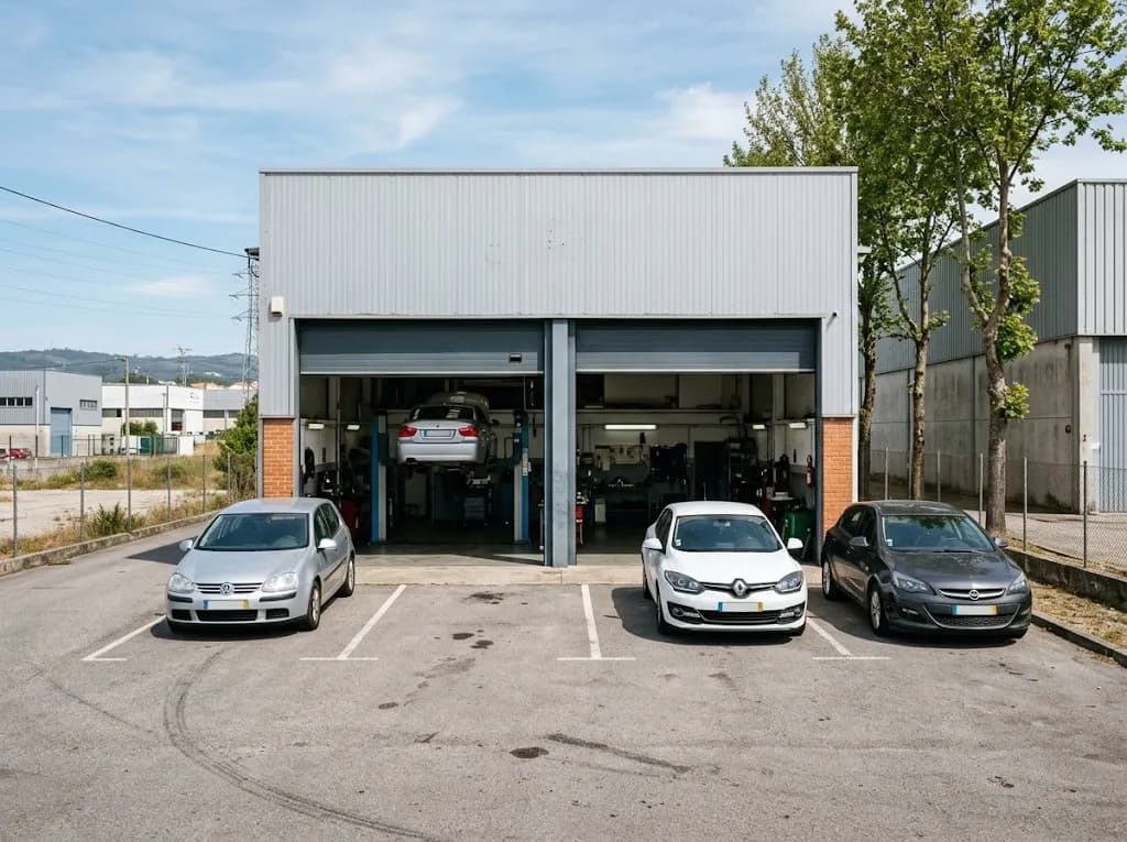 Portões abertos da oficina numa zona industrial, com carros à espera à porta