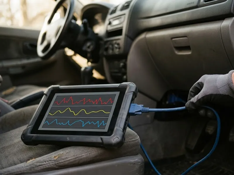 Tablet de diagnóstico ligado à ficha OBD de um carro, por baixo do tablier